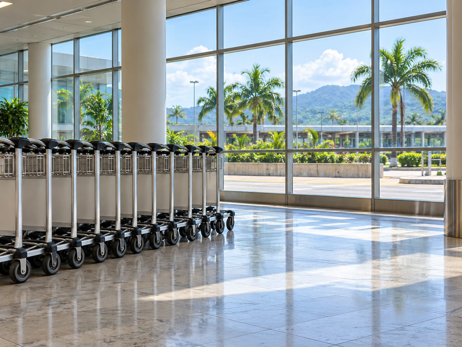 An airport arrivals hall with luggage trolleys and a departures board