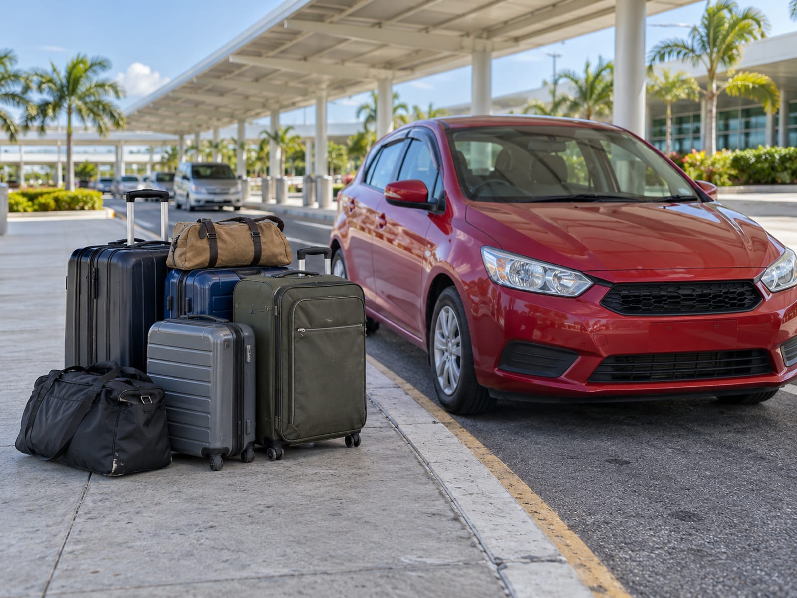 Suitcases and bags loaded beside a car at an airport pickup area