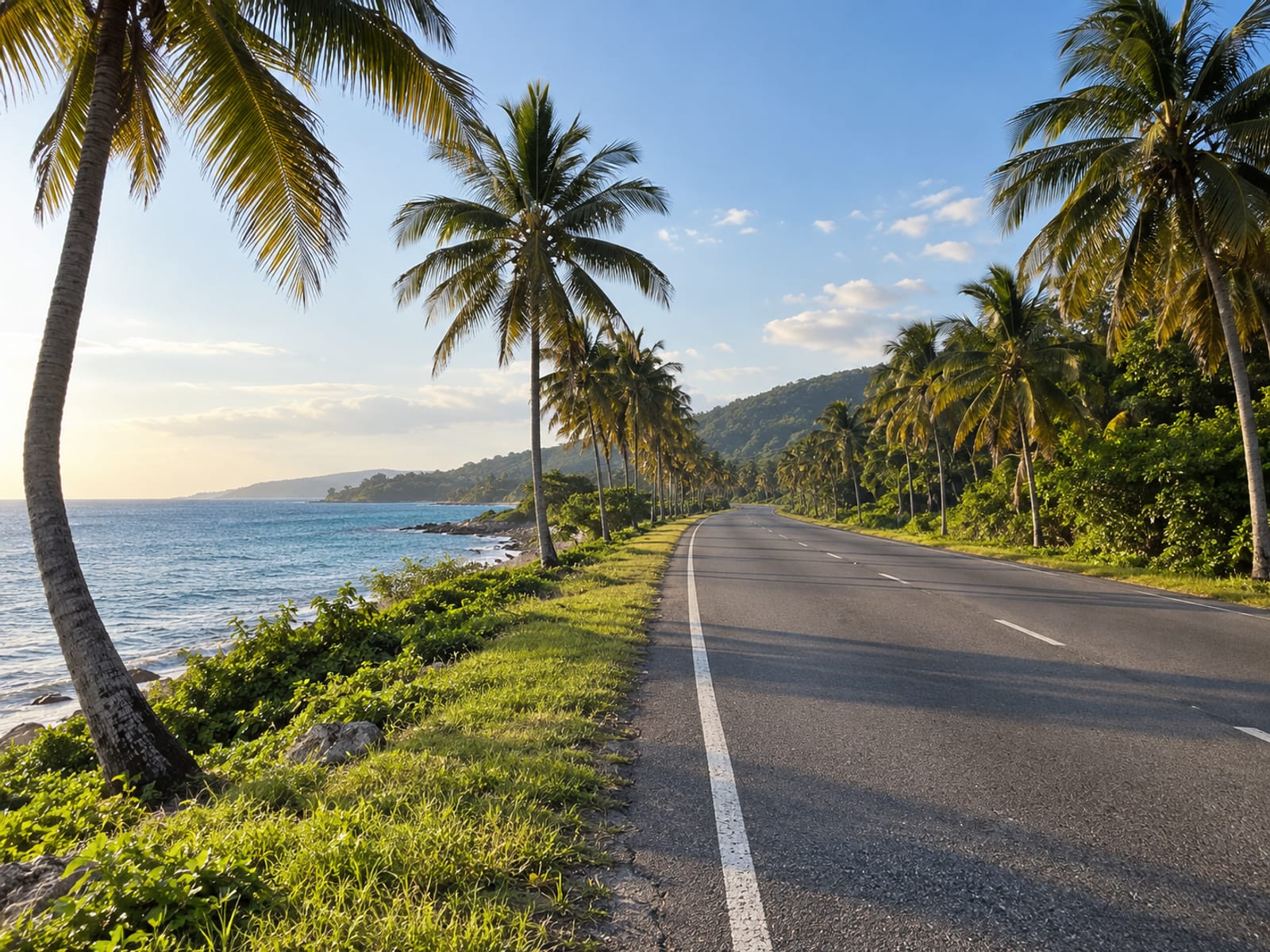 A coastal road lined with palm trees on the north coast of Jamaica