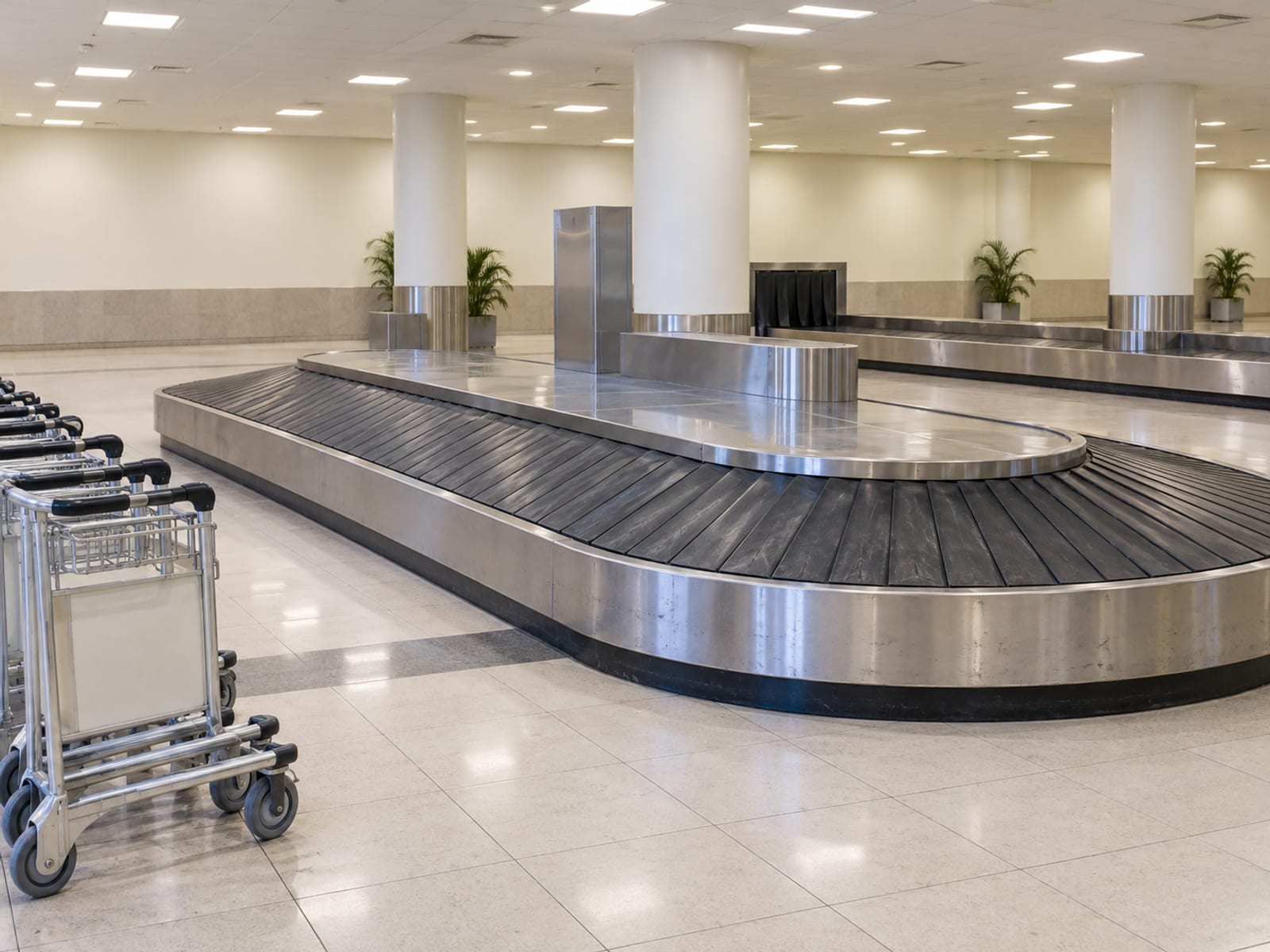 An airport arrivals hall with travellers collecting luggage