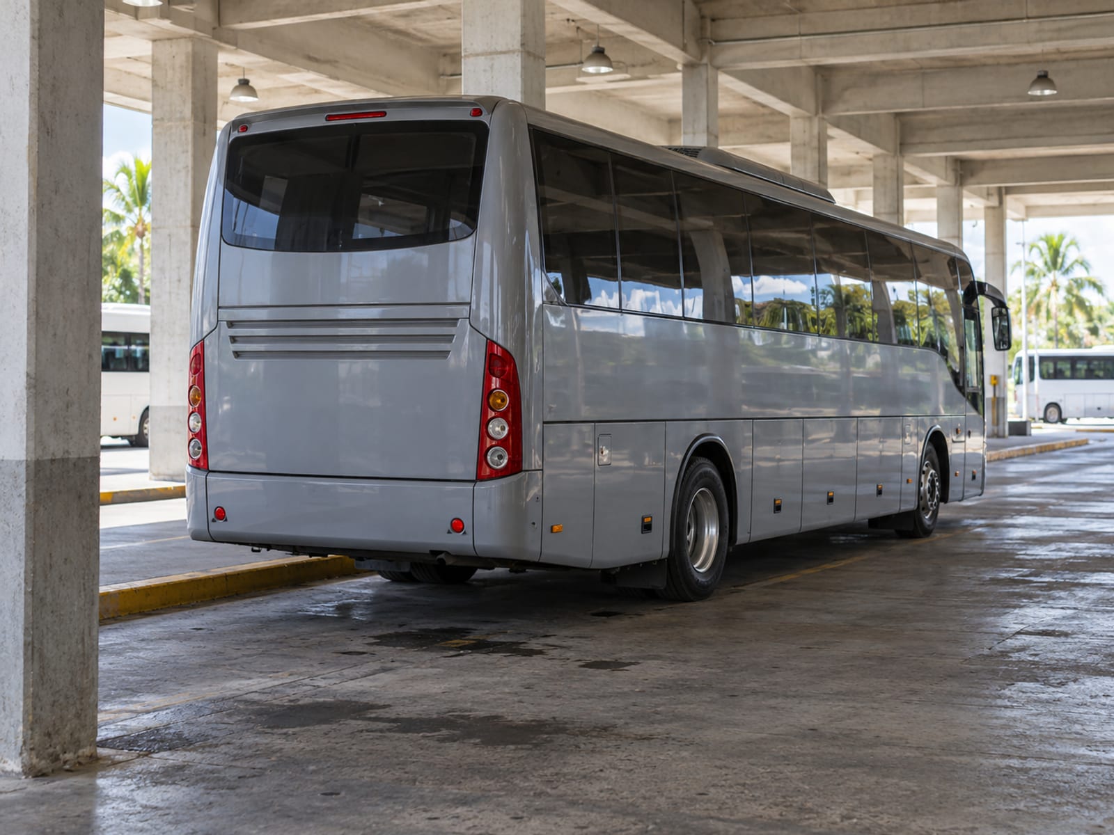 A coach parked at a bus terminal