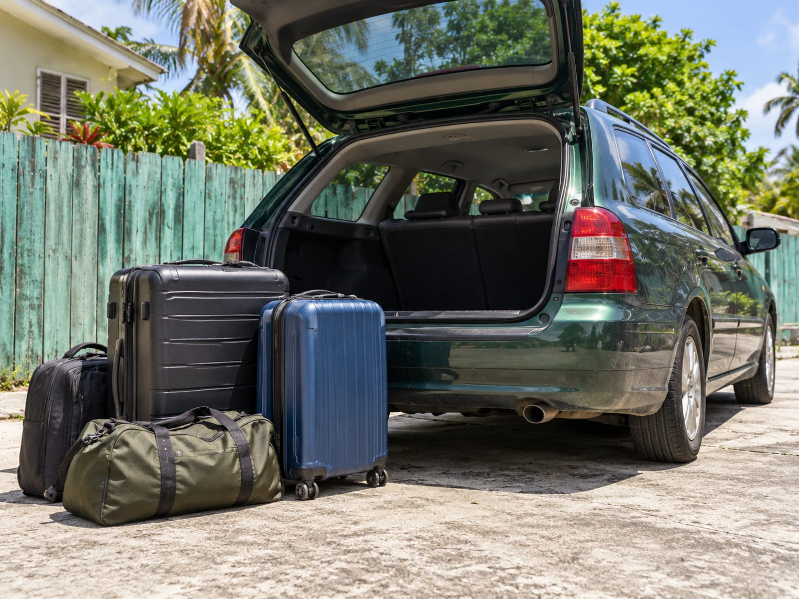 Luggage beside a car ready to be loaded