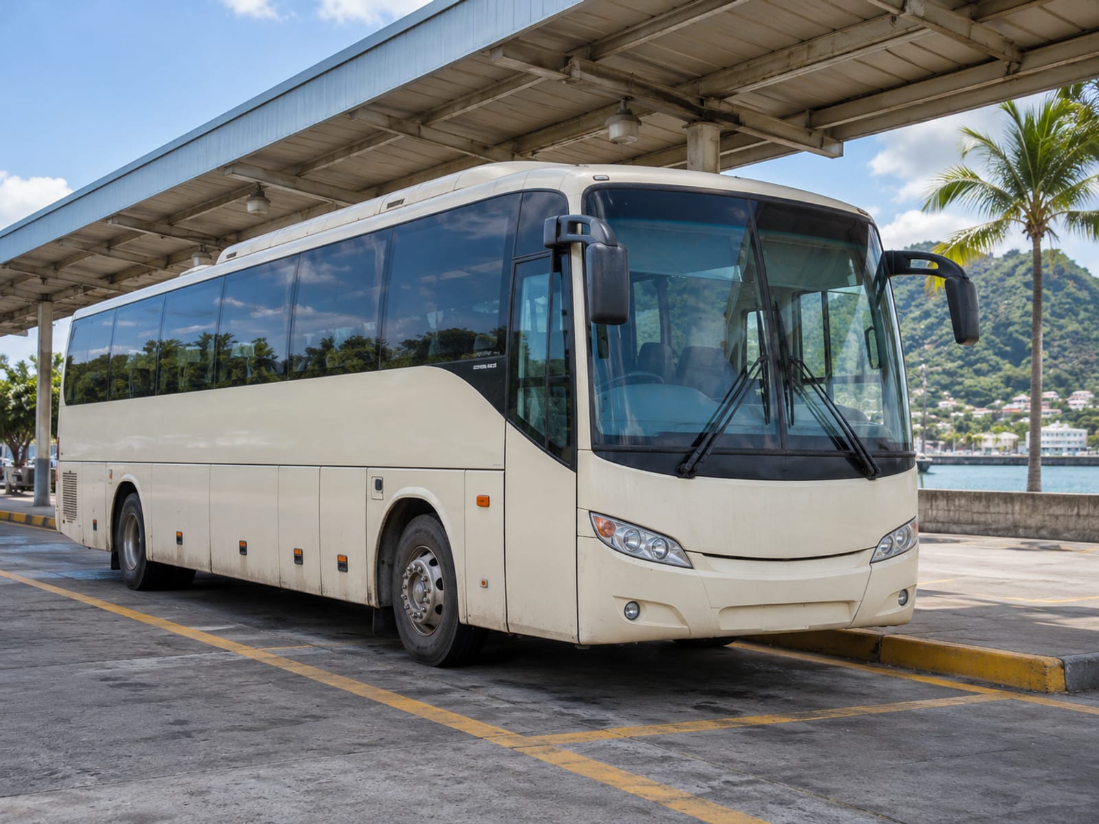 A coach waiting at a terminal before a coastal journey