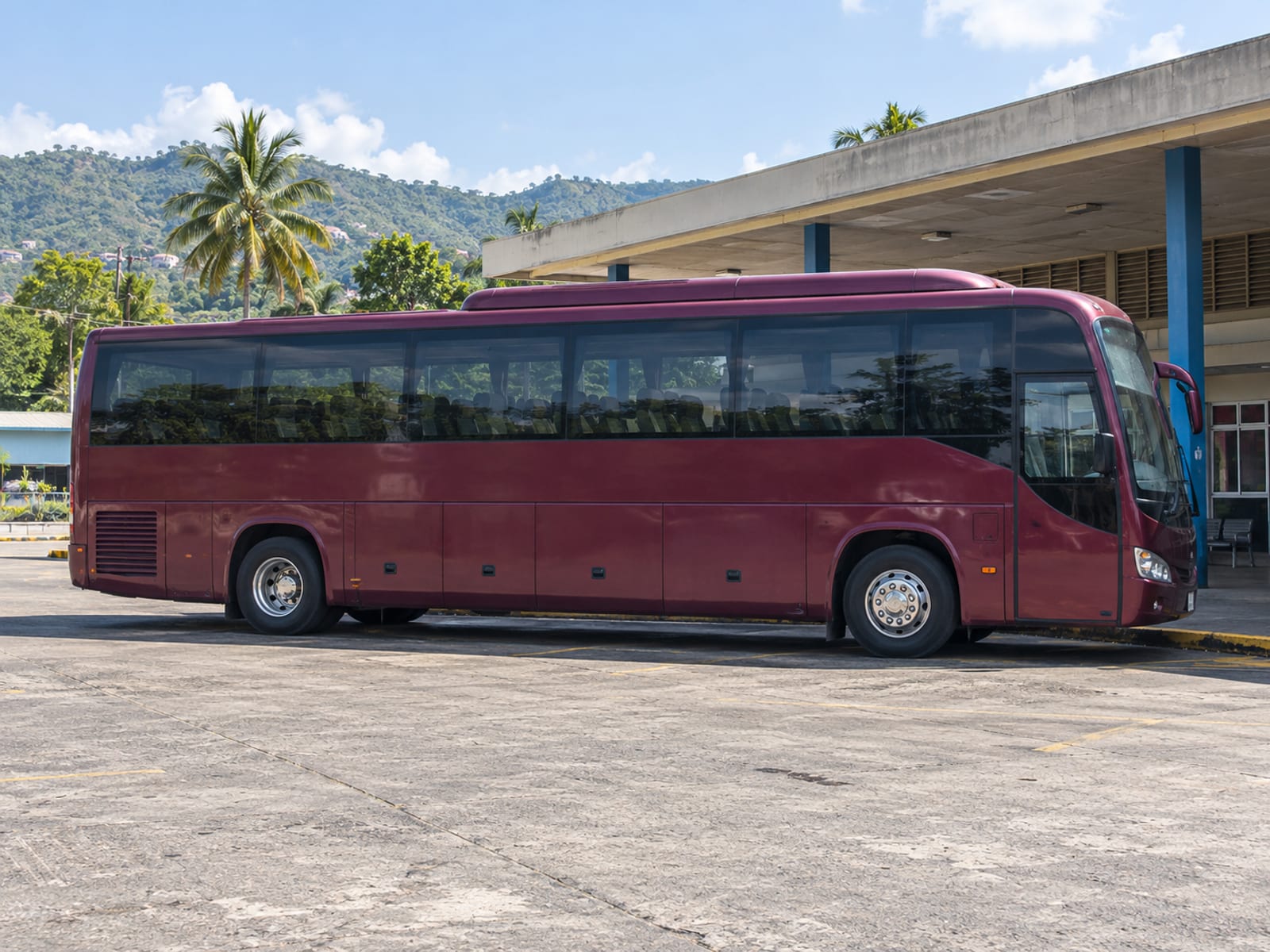 A coach parked at a bus terminal
