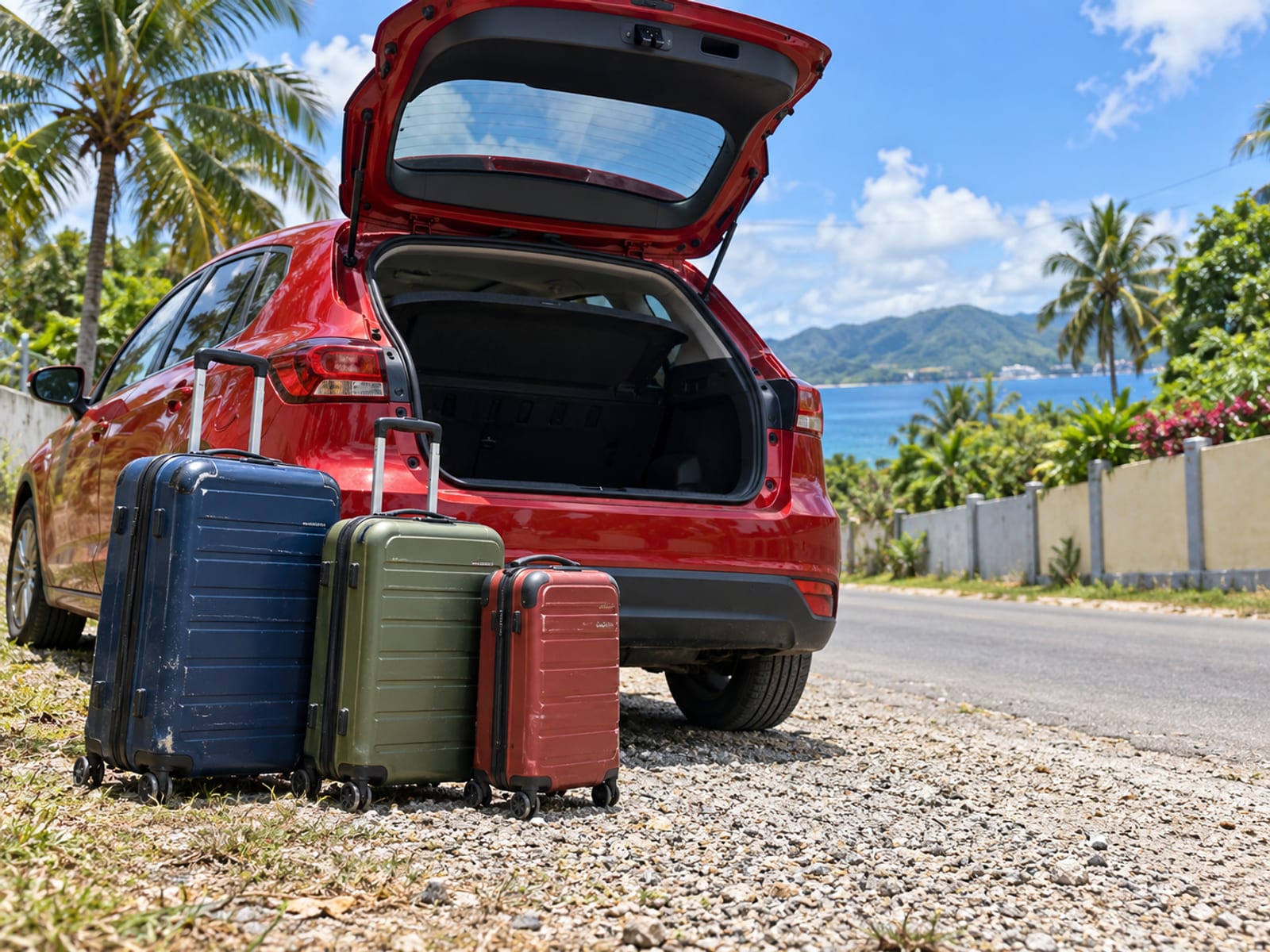 Luggage beside a car ready to be loaded
