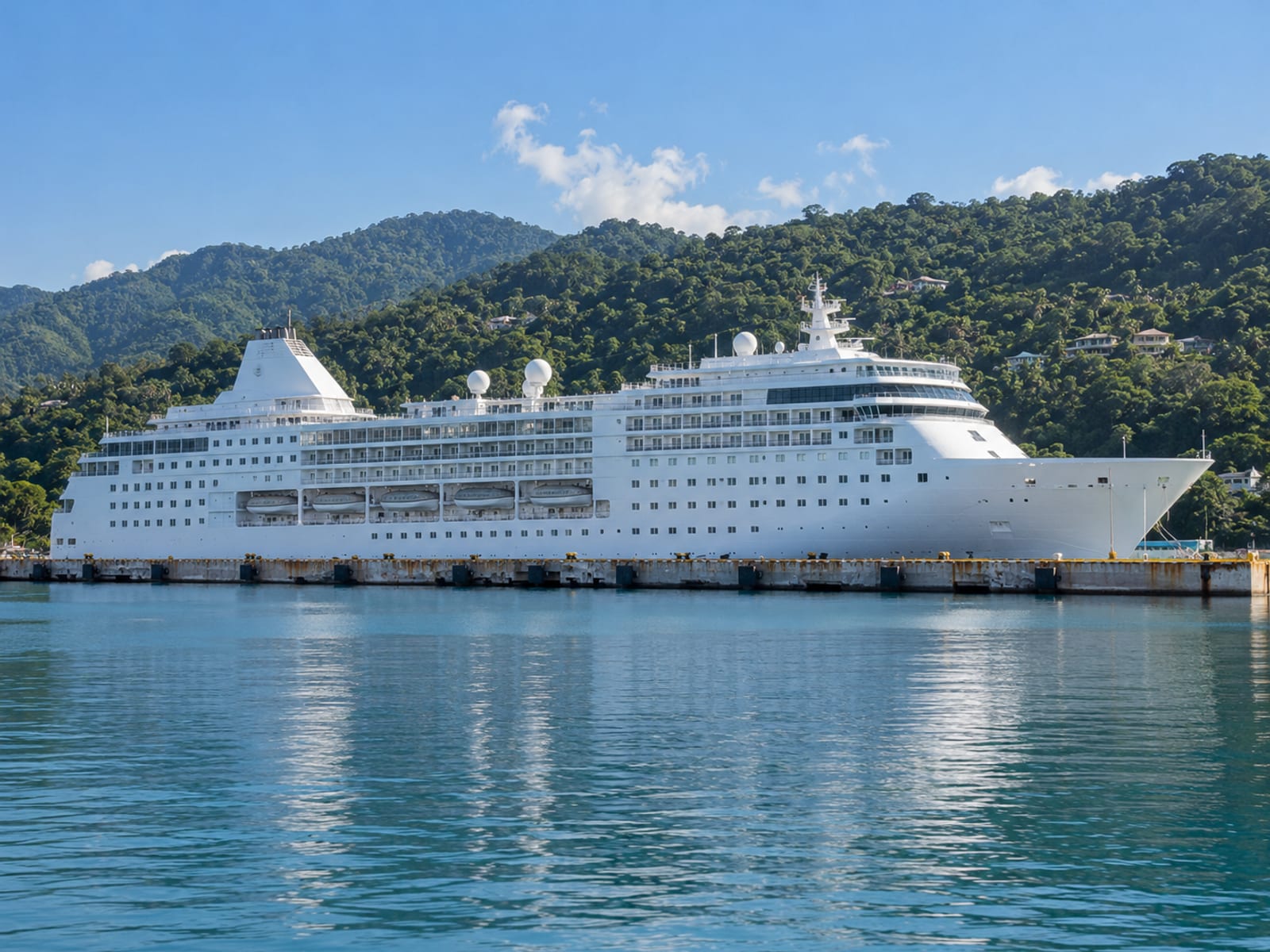 A cruise ship alongside a pier with a tropical hillside behind the harbour
