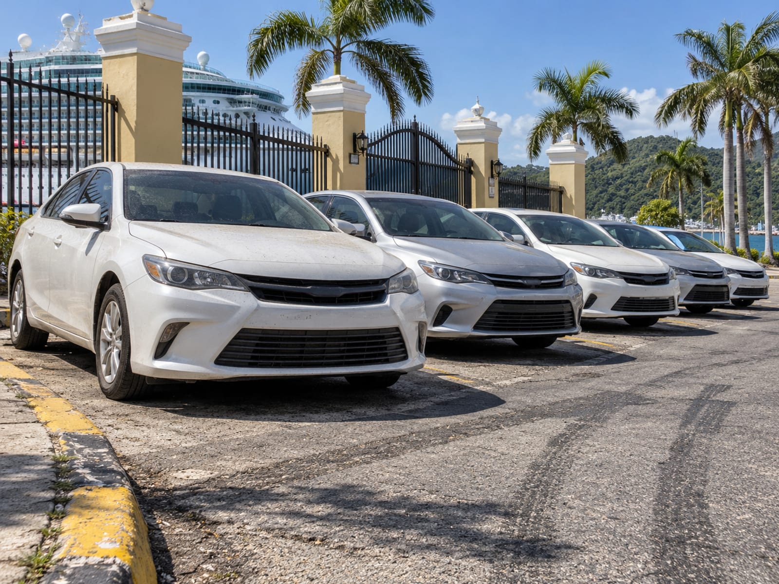 A row of taxis parked beside a cruise port entrance