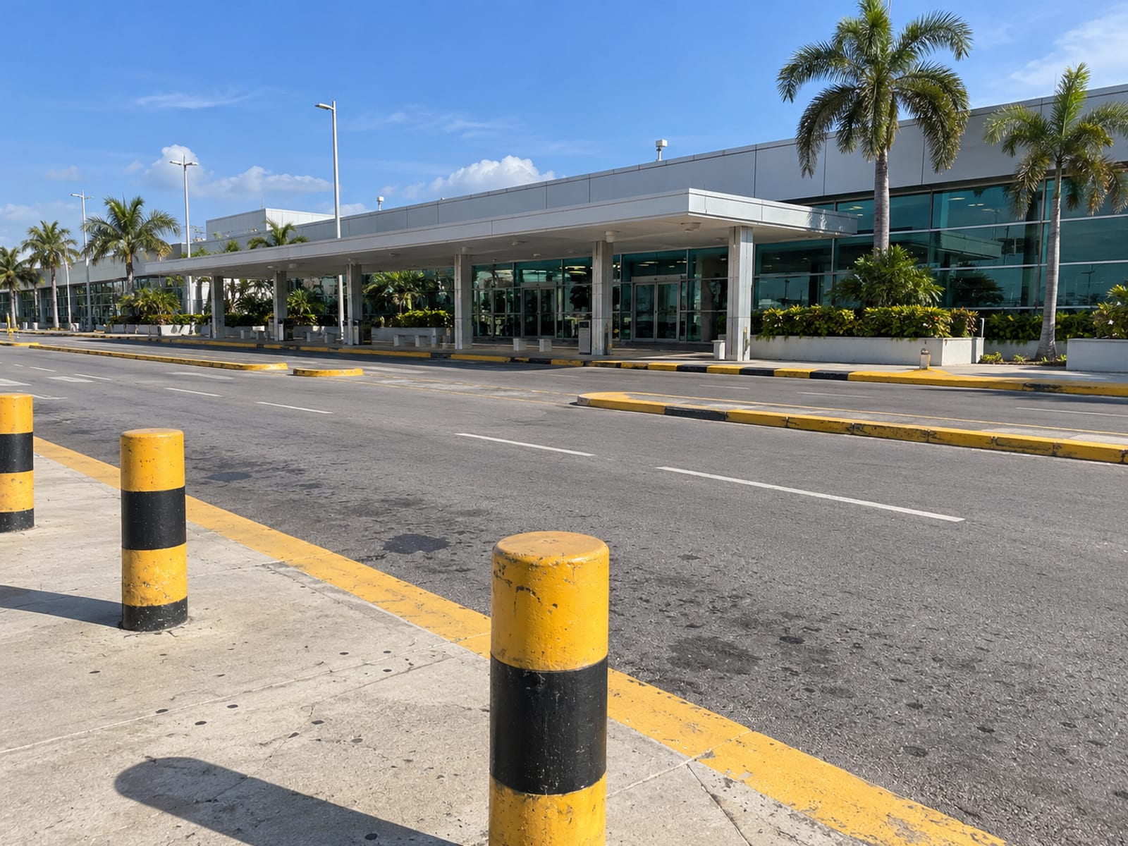 An airport terminal building with a taxi rank in front