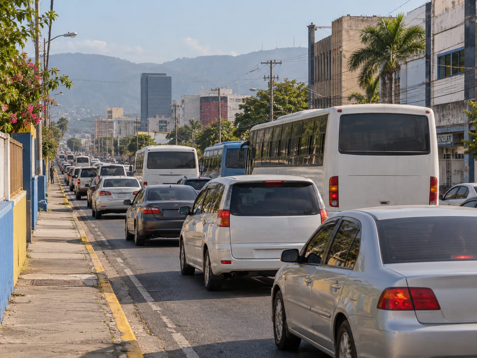 A busy city street with buses and cars at rush hour