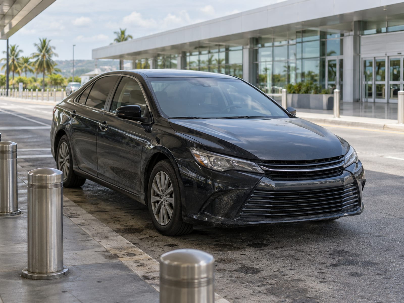 A private car waiting outside an airport terminal