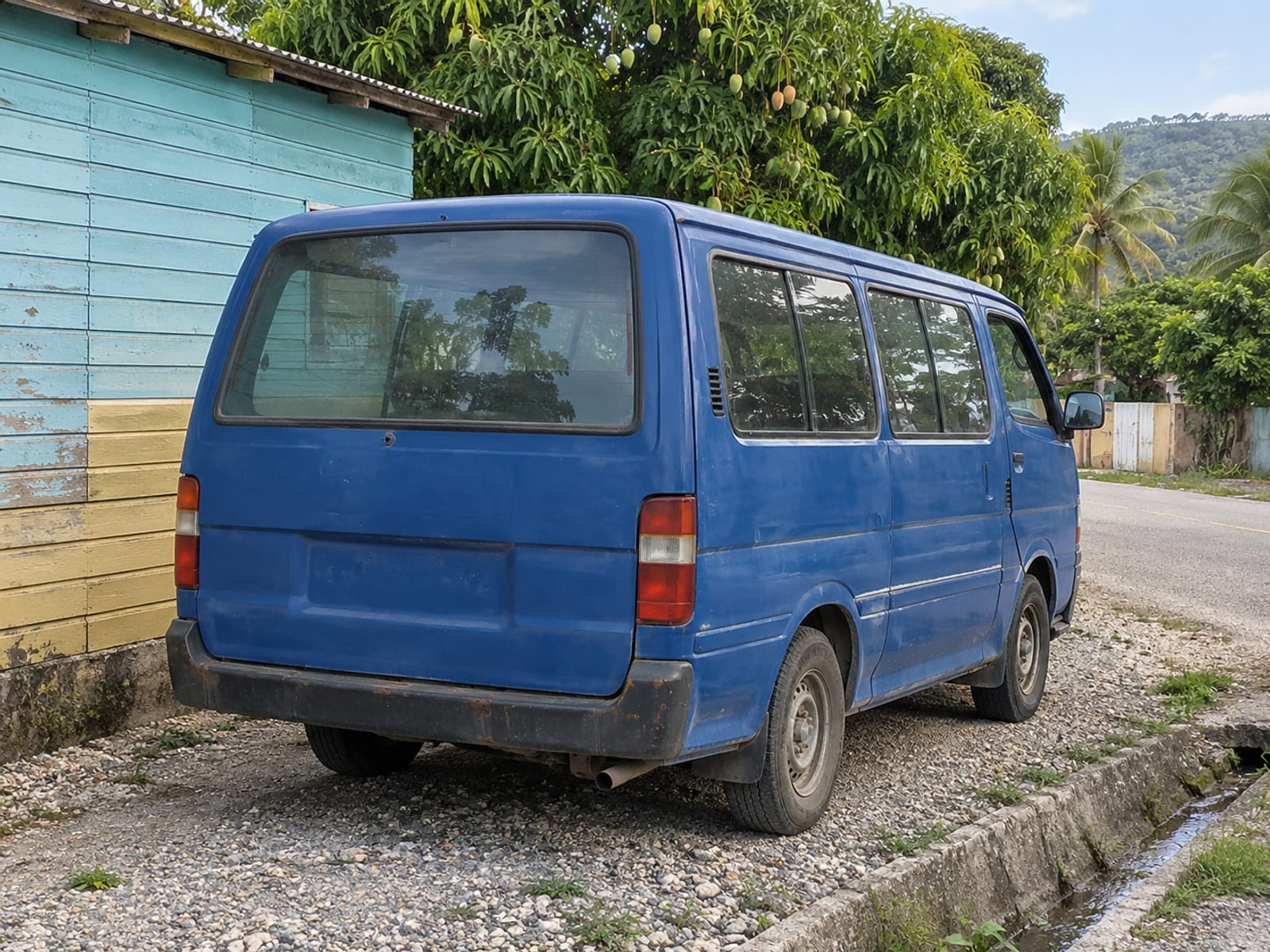 A parked minibus on a roadside in Jamaica