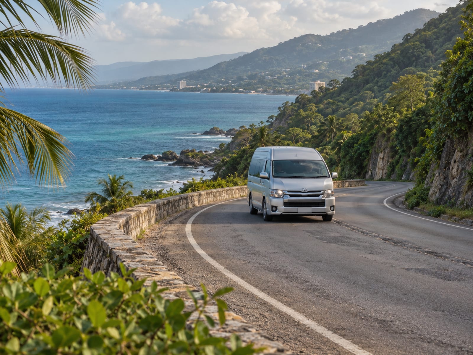 A van travelling along a coastal road near Montego Bay