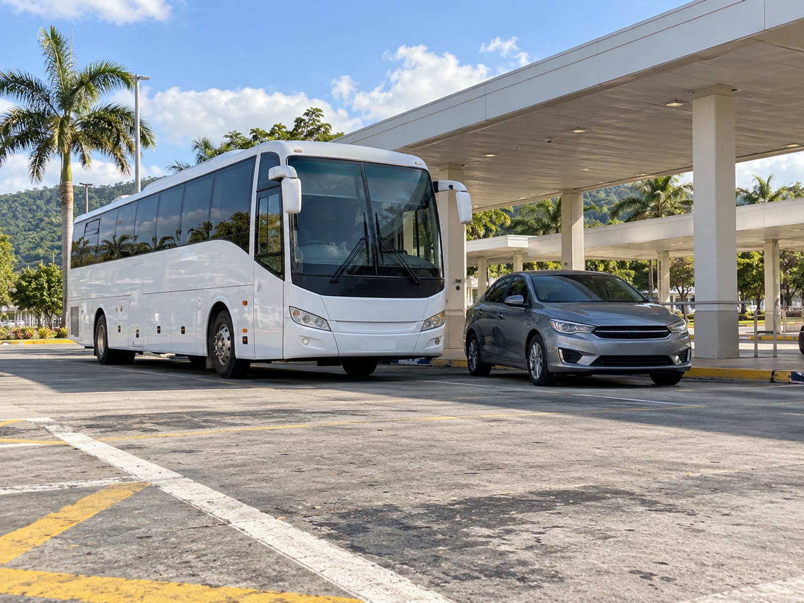 A coach and a taxi waiting at a terminal