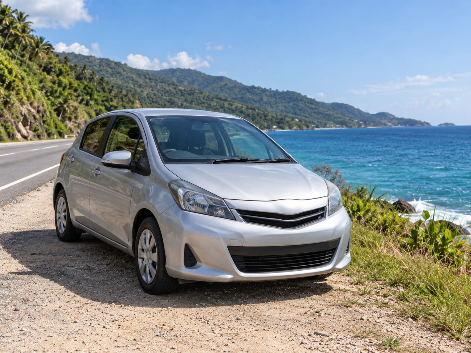 A rental car parked beside a coastal road in Jamaica
