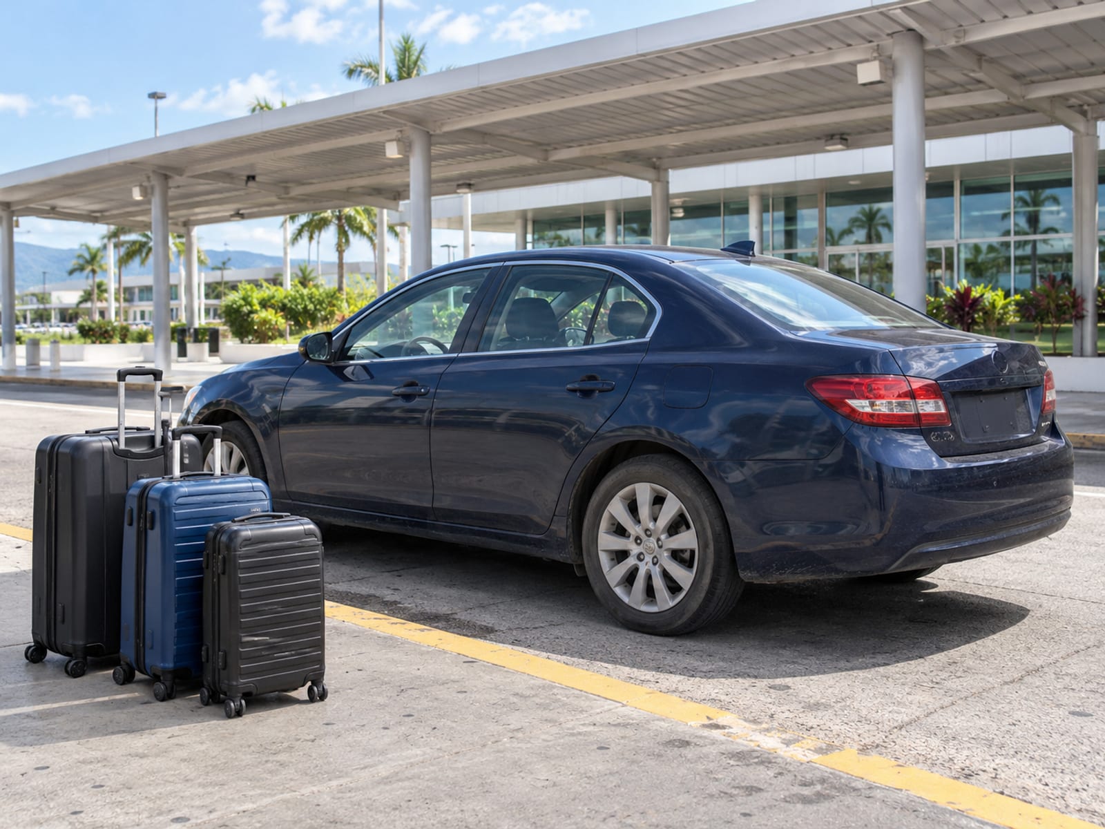 Luggage beside a private car at an airport pickup point