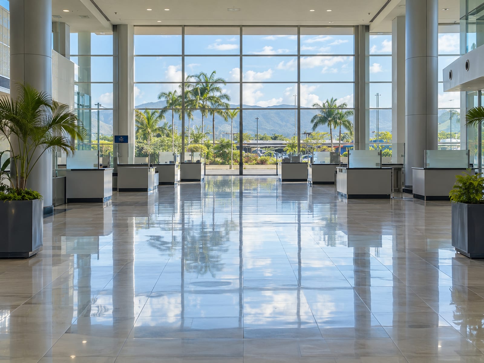An airport arrivals hall with transfer desks