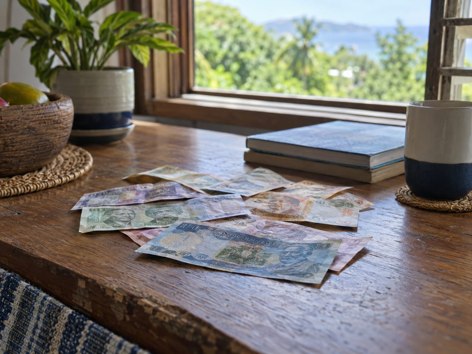 Jamaican and US banknotes laid together on a wooden table