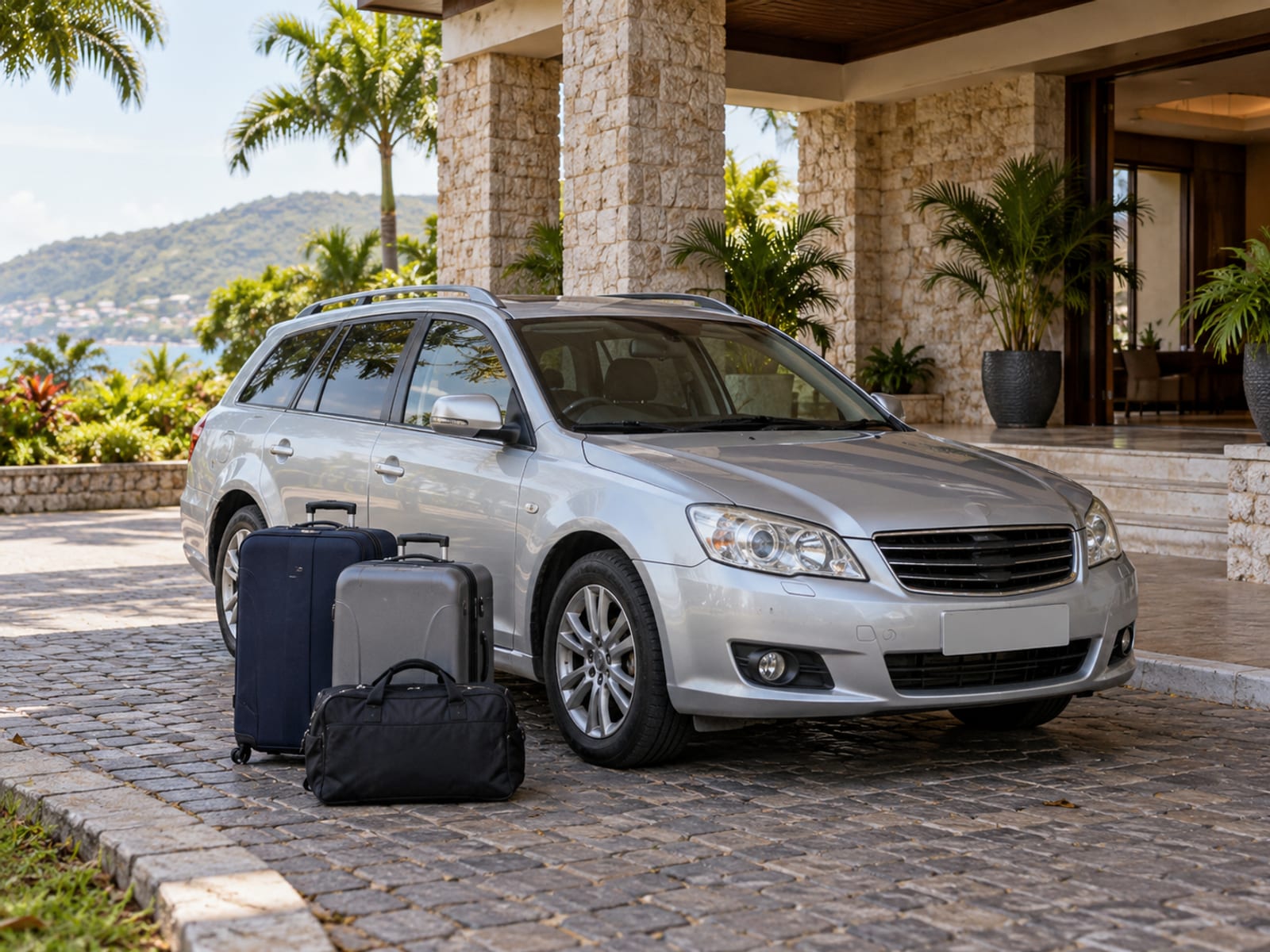 Luggage beside a car at a hotel entrance
