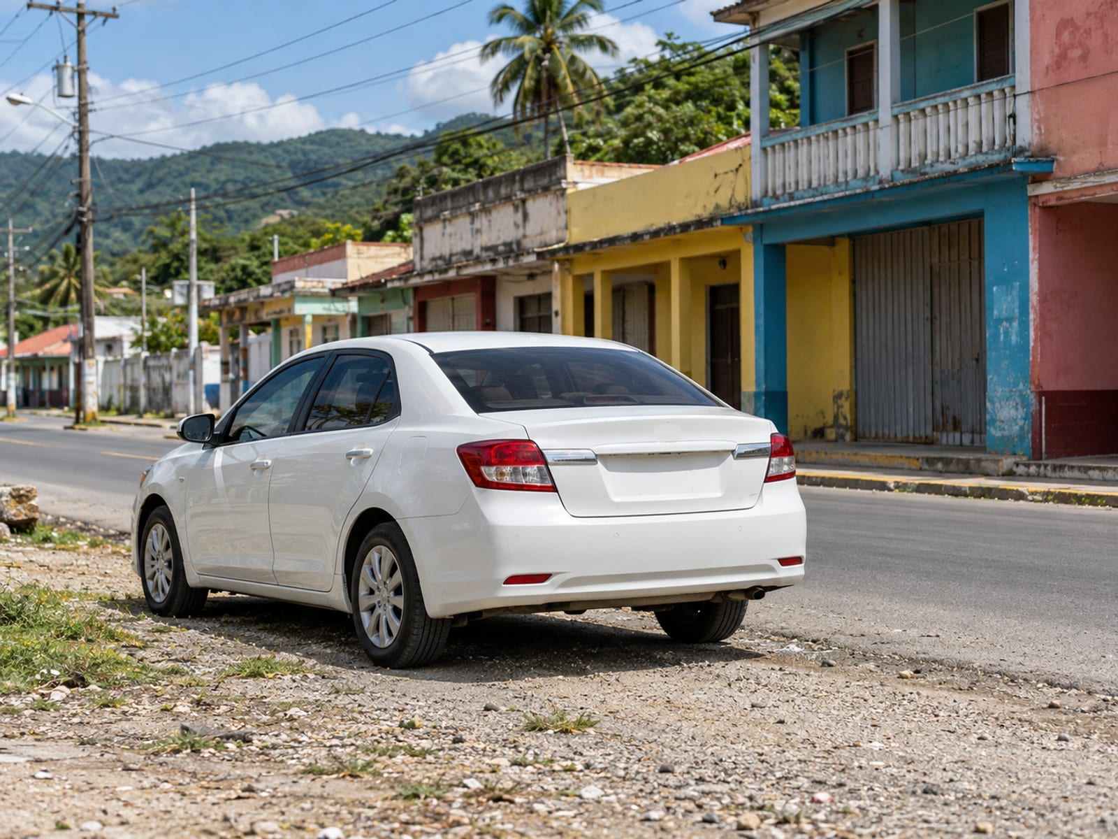 A route taxi stopped at the roadside in a Jamaican town