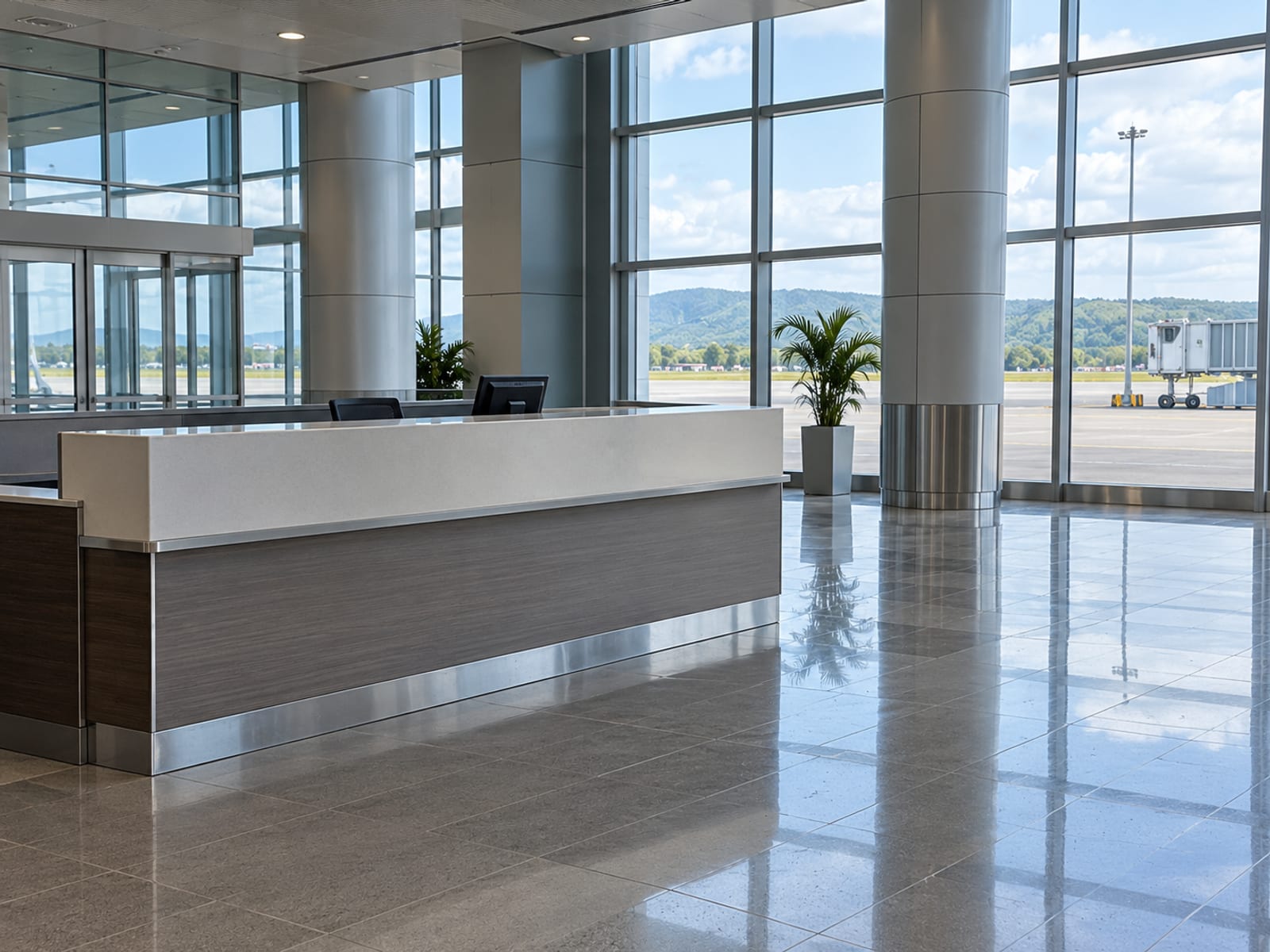 An airport arrivals hall with a taxi desk