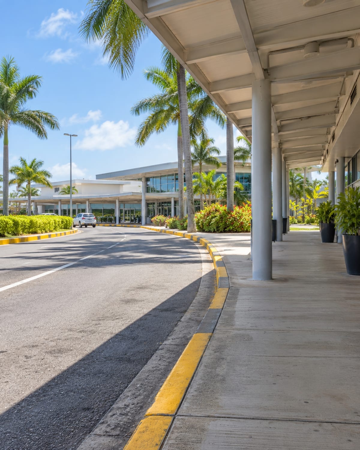 A palm-lined pickup lane outside a small airport building