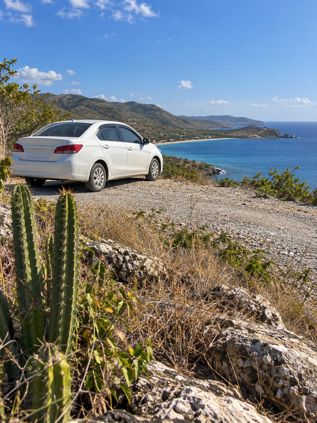 A white car parked on a lay-by above a quiet south coast bay