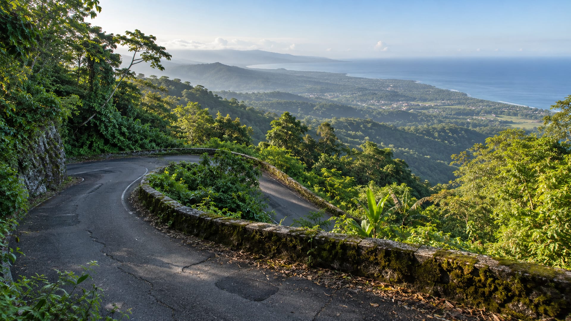 A winding mountain road through green forest with the sea on the horizon
