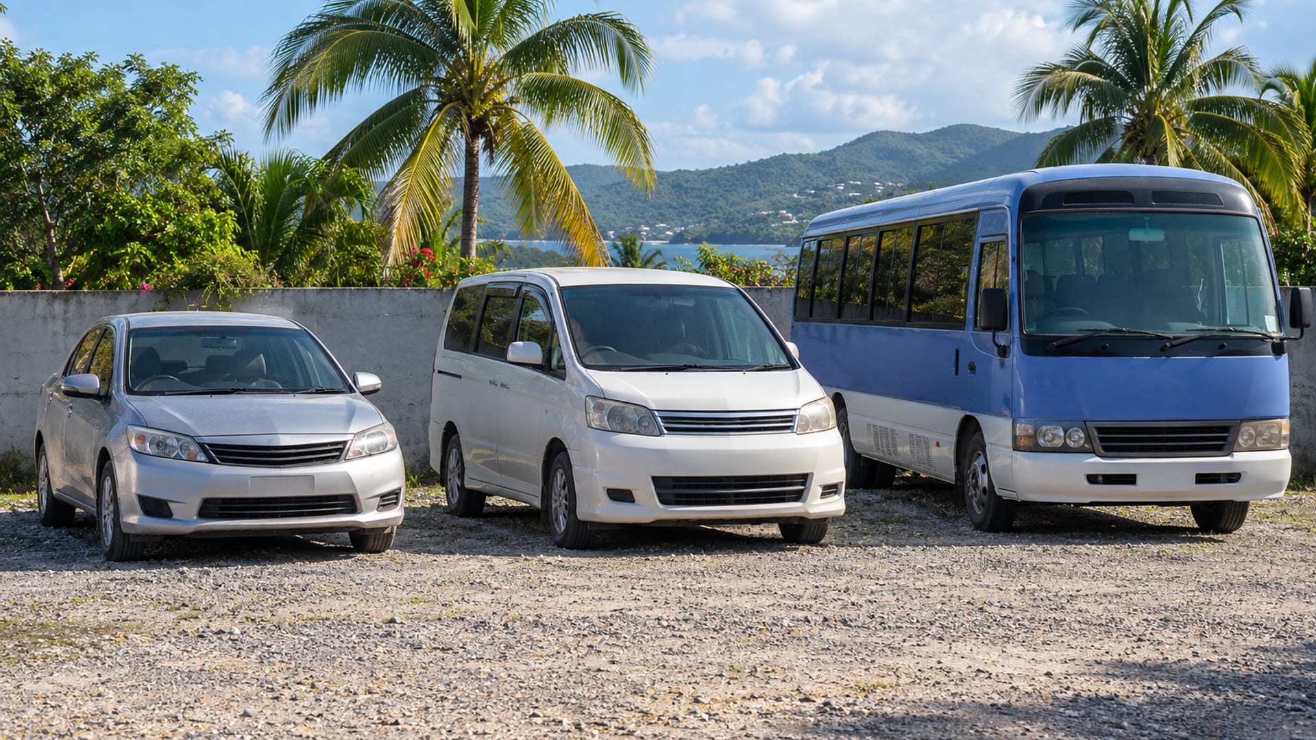 A car, a minivan and a small coach parked side by side in a sunny yard