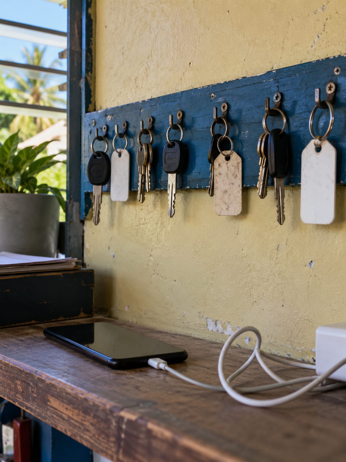Vehicle keys with blank tags on a board above a charging phone