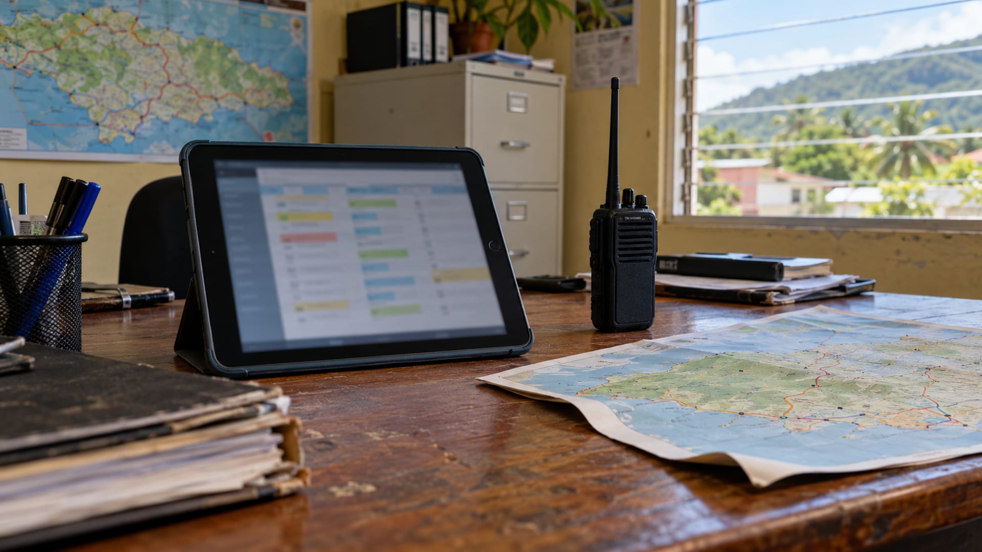 A tablet, a two-way radio and a route map on a dispatch desk