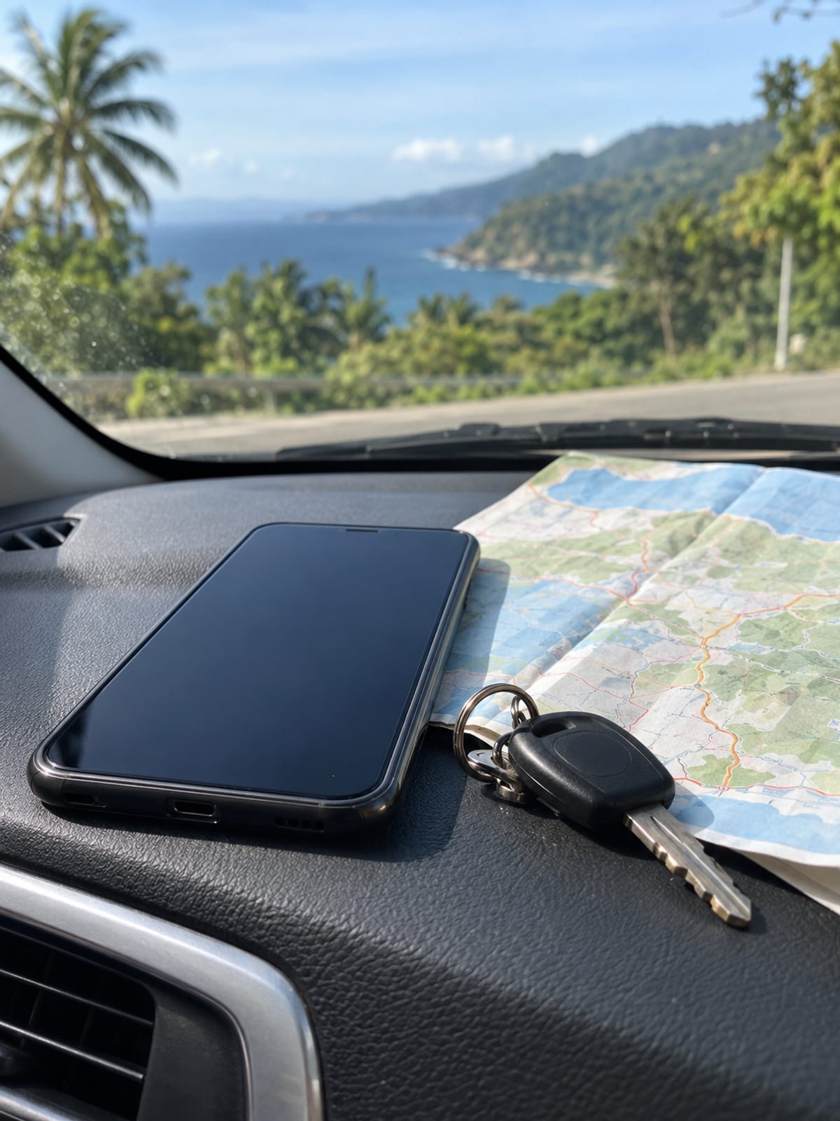 A phone, car keys and a folded map on a vehicle dashboard