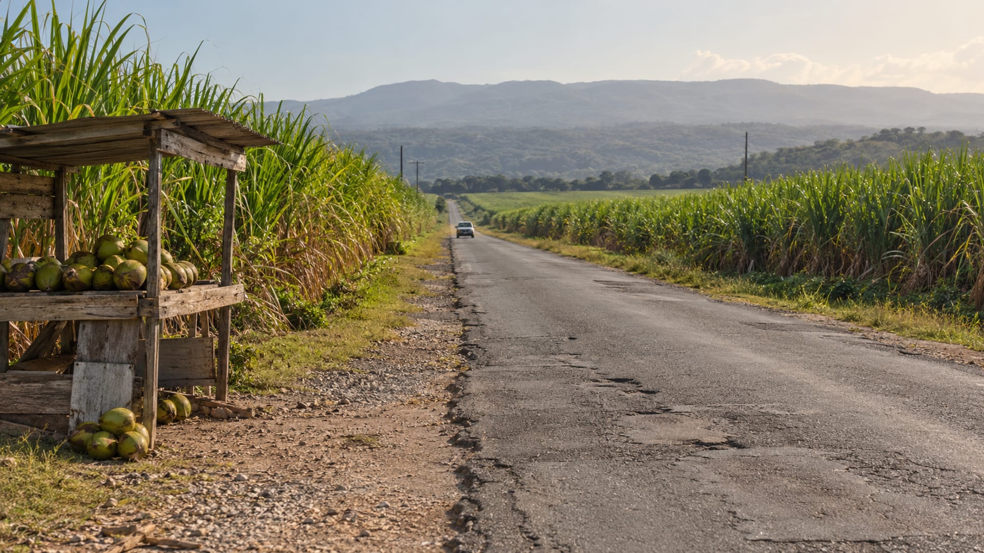 A straight road between sugar cane fields toward low hills