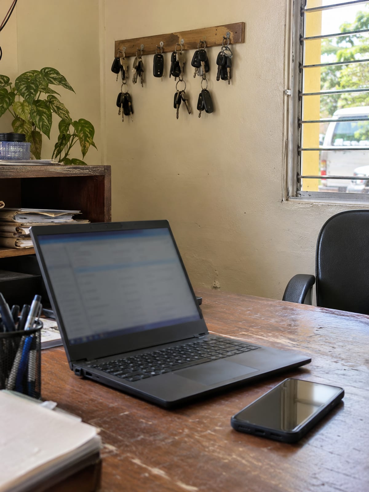 A laptop and phone on an office desk with vehicle keys on wall hooks behind