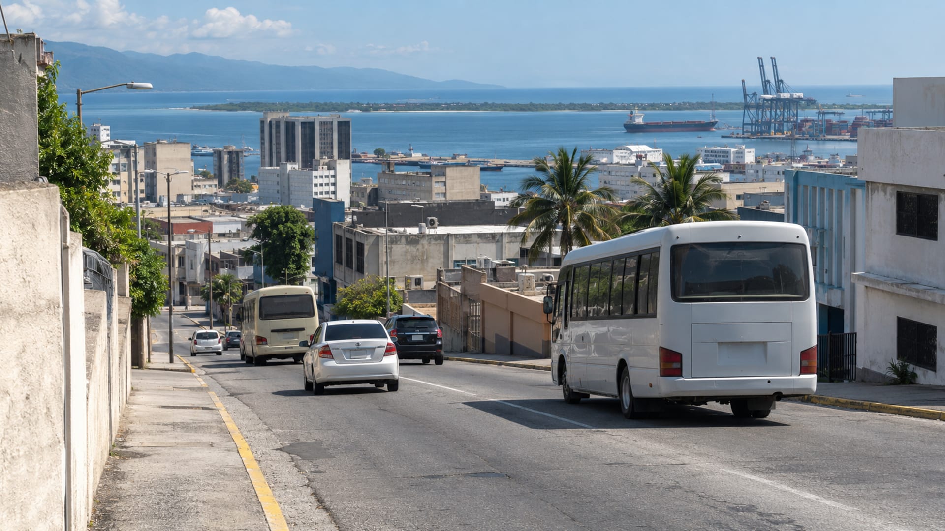A downtown city street with buses and cars and the harbour in the distance