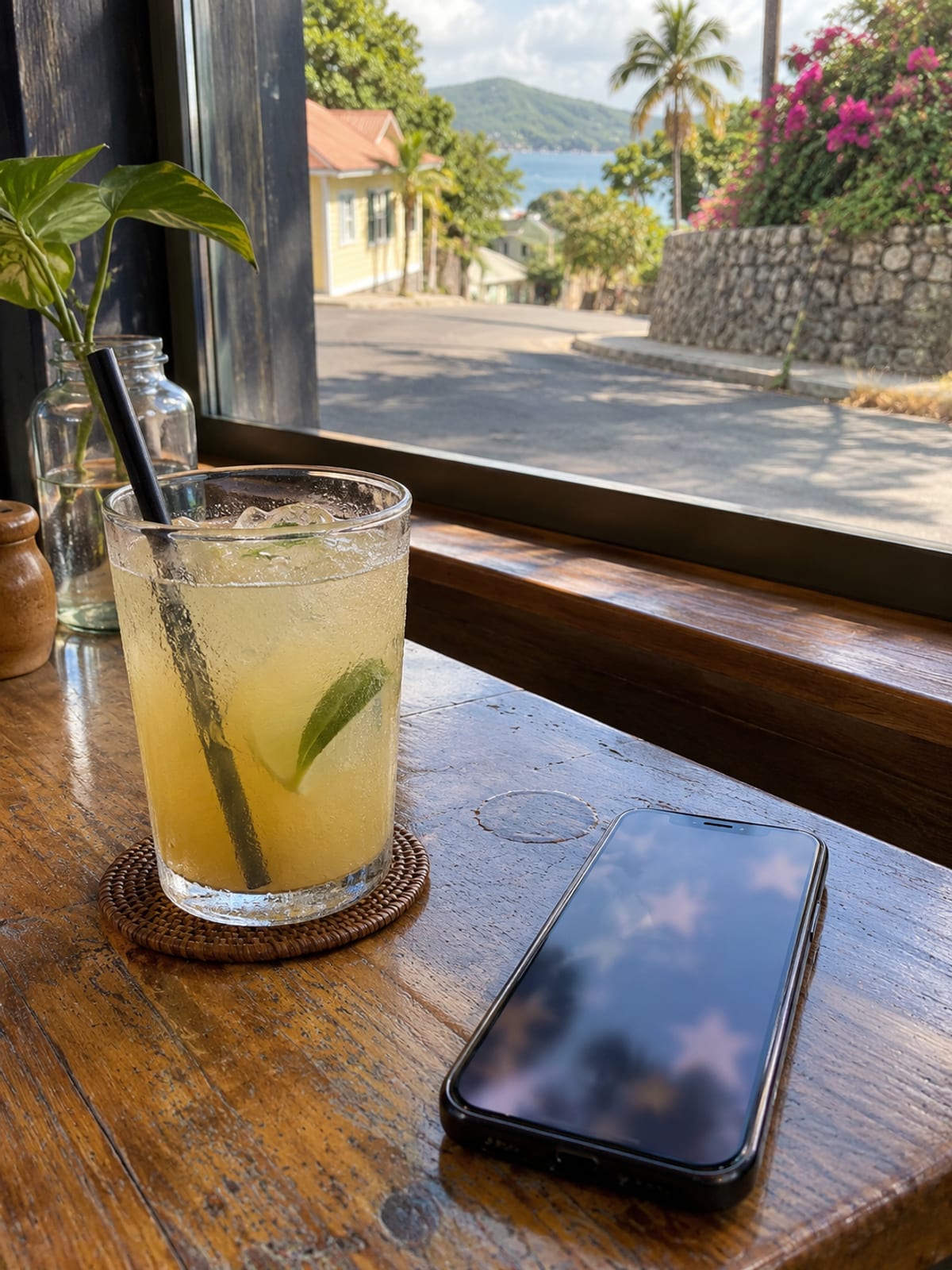 A phone with a blurred screen on a cafe table by a window