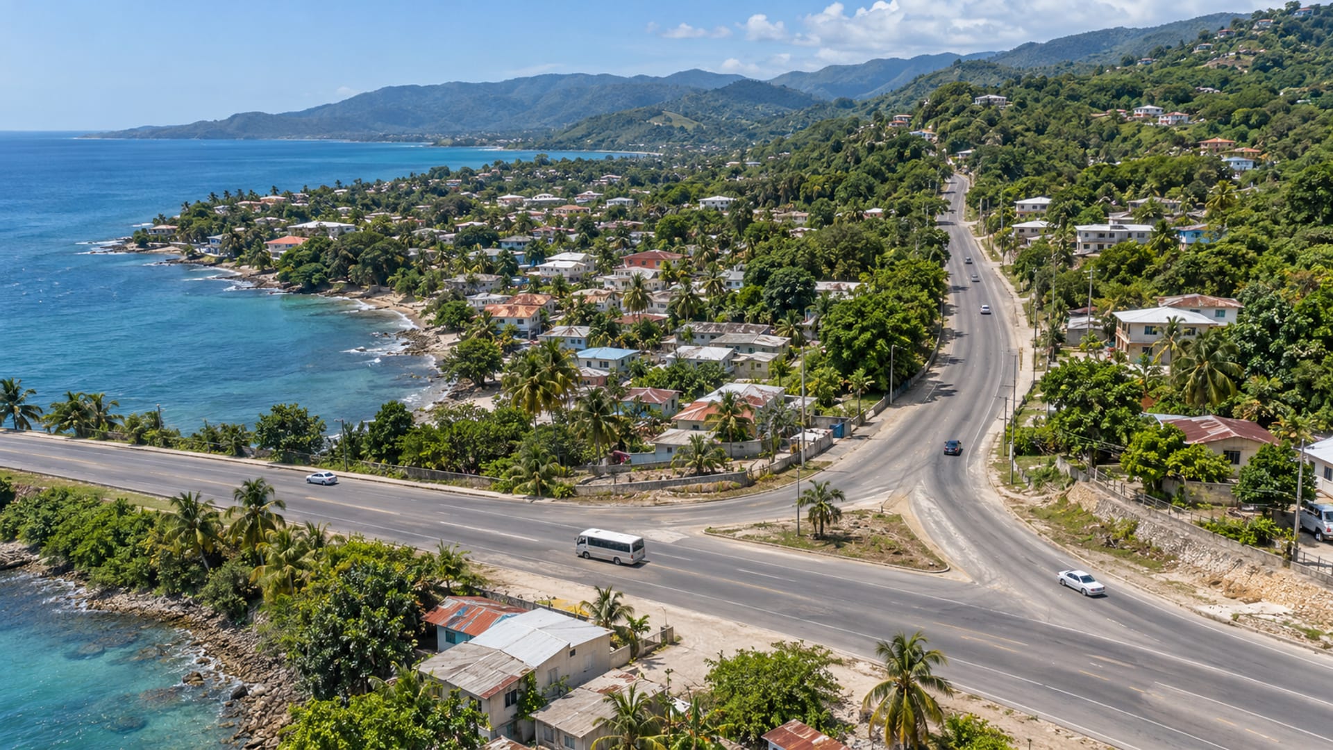 A road junction where a coastal highway meets a road into the hills