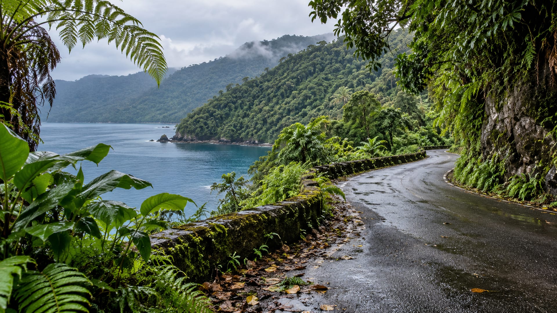 A rainforest road beside a deep blue sheltered bay