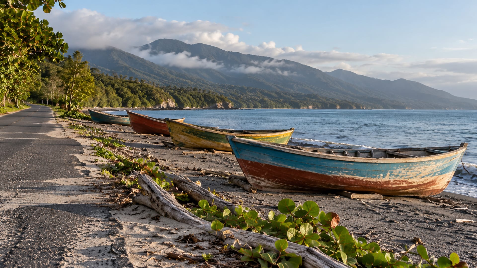 A quiet east coast road along a shore with mountains behind