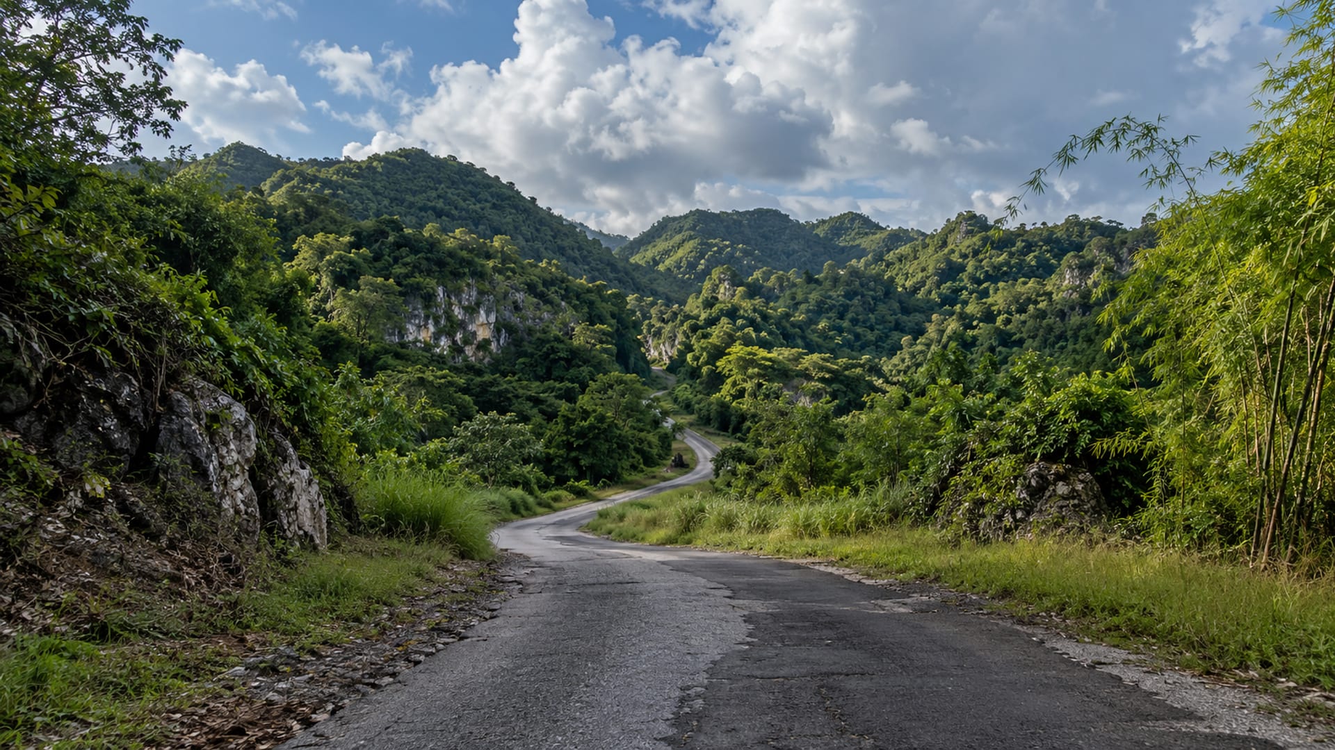 A country road winding through forested limestone hills