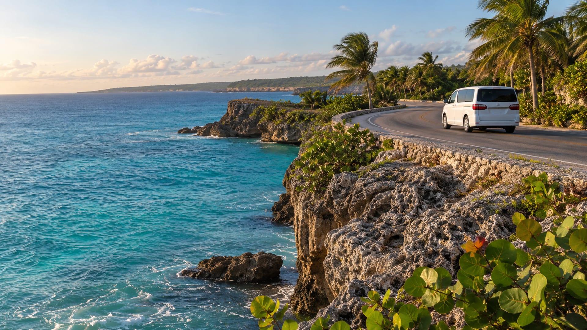 A coastal road above low cliffs and turquoise water with a minivan